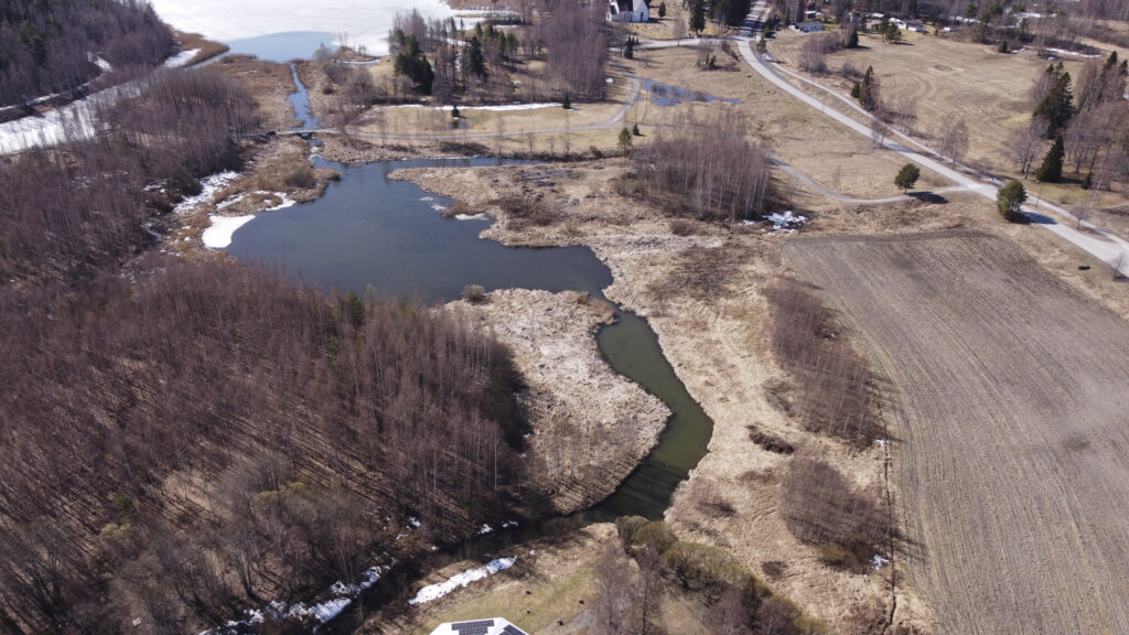 Ilmakuva Puhdistamonlammesta. Kuva otettu kevättalvella lumien jo sulettua, kuvassa näkyy ruskeaa kasvillisuutta ja äestetty pelto. Taustalla siintää Sysmän Pyhän Olavin kirkko.