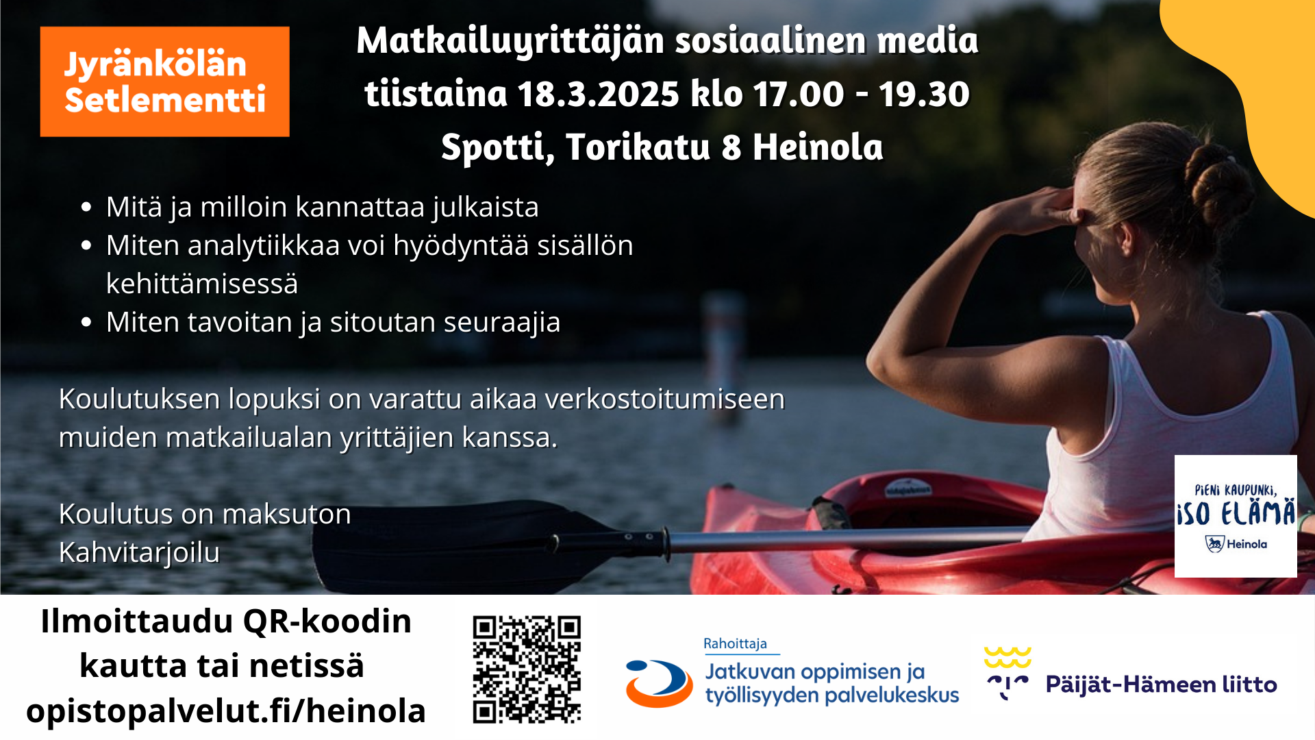 Matkailualan yrityksen sosiaalinen media -koulutus 18.3.2025 klo 17–19.30 Spotissa. Koulutuksessa opit: - Mitä ja milloin kannattaa julkaista - Miten analytiikkaa voi hyödyntää sisällön kehittämisessä - Miten tavoitan ja sitoutan seuraajia